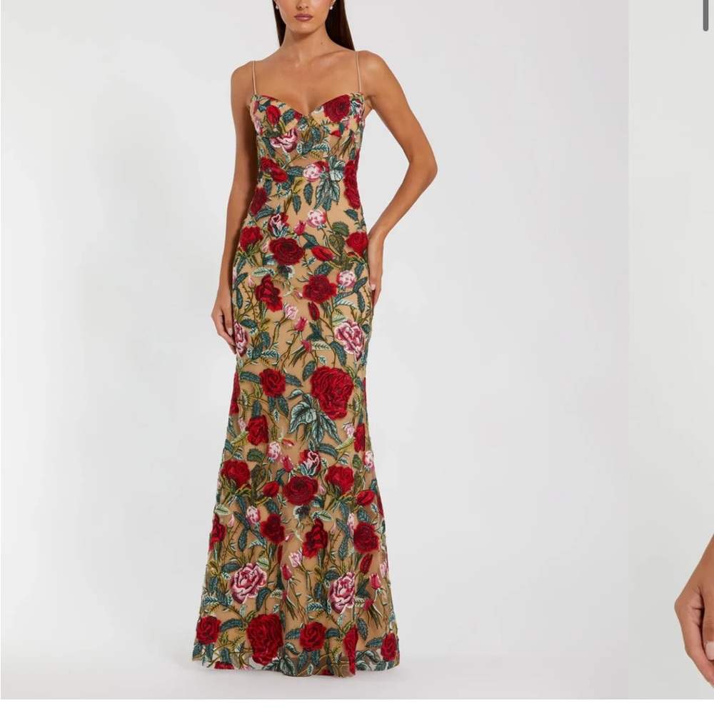 Beige Multicolor Embroidered Spaghetti Strap Floral Dress by Mac Duggal